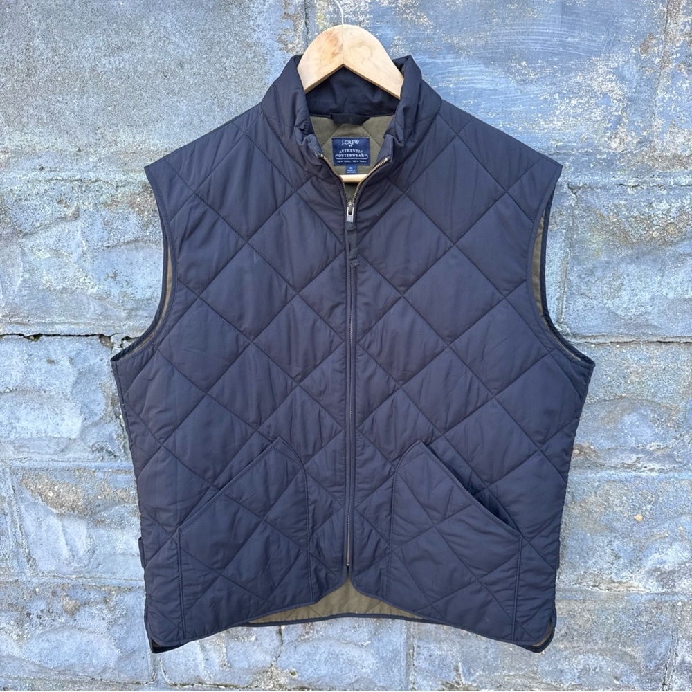 J Crew Men XL Vest Puffer Navy Tan Full Zip Quilted Pocket Authentic Outdoor